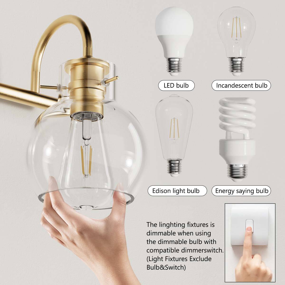 LED bulb  
Incandescent bulb  
Edison light bulb  
Energy-saving bulb  

The lighting fixtures are dimmable when using the dimmable bulb with compatible dimmer switch. (Light Fixtures Exclude Bulb & Switch)