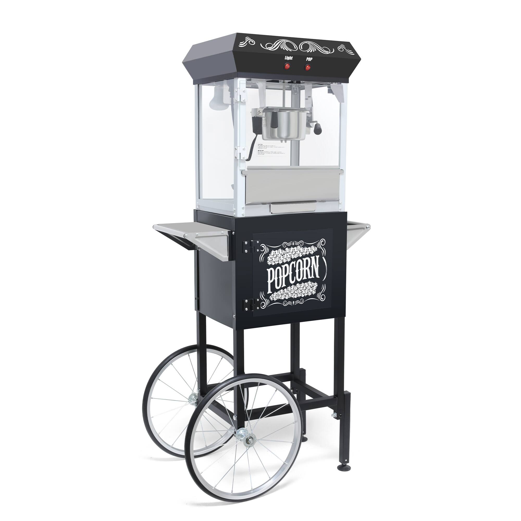 Front. WETIE - Popcorn Maker with Cart & Wheels, 8Oz Popcorn Machine w/ Locker, Stainless Steel Kettle Heated, 7QT per Batch, 650W - Black.