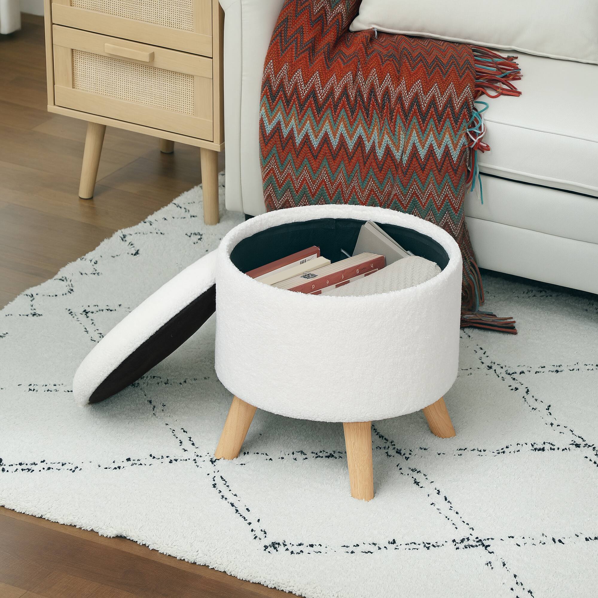 Alt View 8. Homcom - Round Storage Ottoman, Linen Fabric Foot Stool with Removable Top, Small Foot Rest with Hidden Space for Living Room - White.