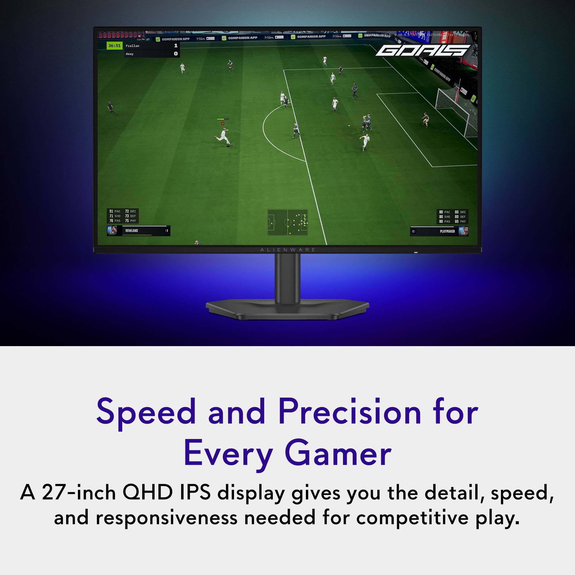 36:51 Prollam kway  
COMPANGIN 129 1  
Hin  
COMPANION  
COMPON 329  

5.00.0.00 GOALS  
E1 PAC 72 ORI 11 540 13 10F IS INS 15 PM  
IKC AS  
30  
ROWLAND  
11  
to  
PLAYMAKED  
ALIENWARE  

Speed and Precision for Every Gamer  
A 27-inch QHD IPS display gives you the detail, speed, and responsiveness needed for competitive play.