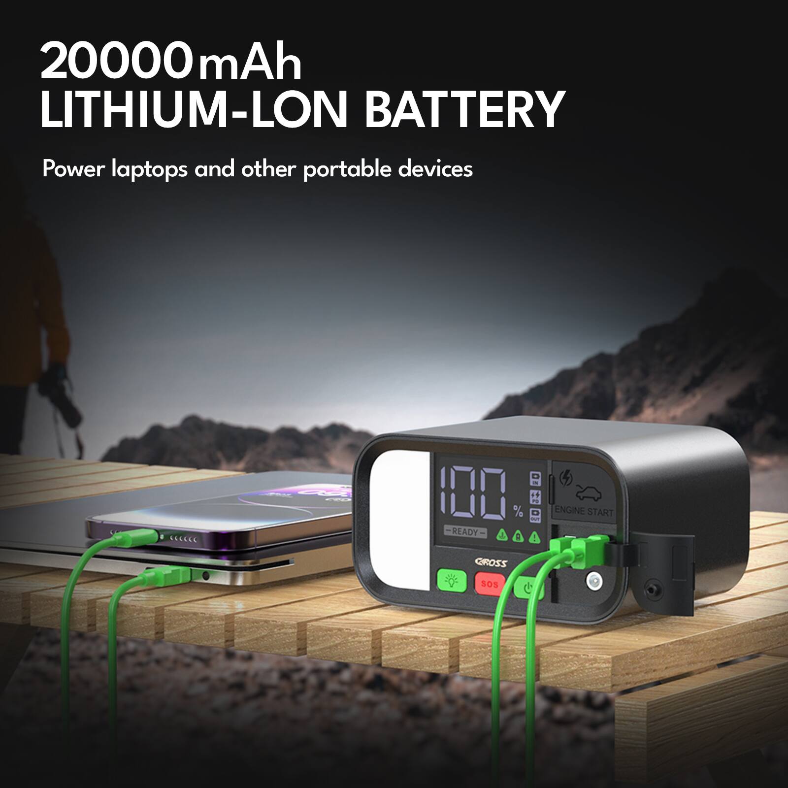20000mAh LITHIUM-LON BATTERY  
Power laptops and other portable devices  

100% READY  
ENGINE START  
GROSS  
SOS