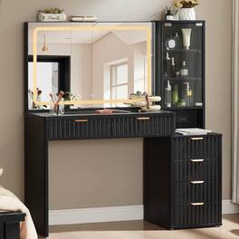 PO3TICJUNKI3 - Fluted Vanity Desk with Lighted Mirror, Glass Top, 6 Drawers, Power Outlet - Black
