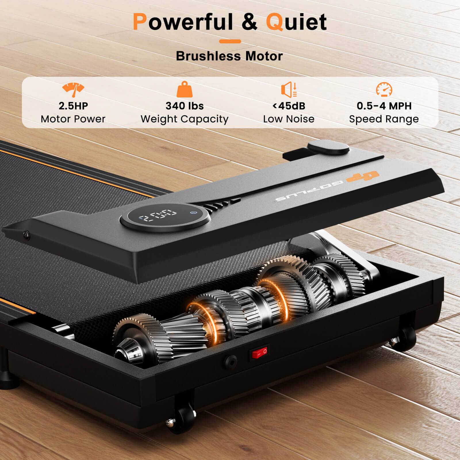 Powerful & Quiet  
Brushless Motor  

2.5HP Motor Power  
340 lbs Weight Capacity  
<45dB Low Noise  
0.5-4 MPH Speed Range