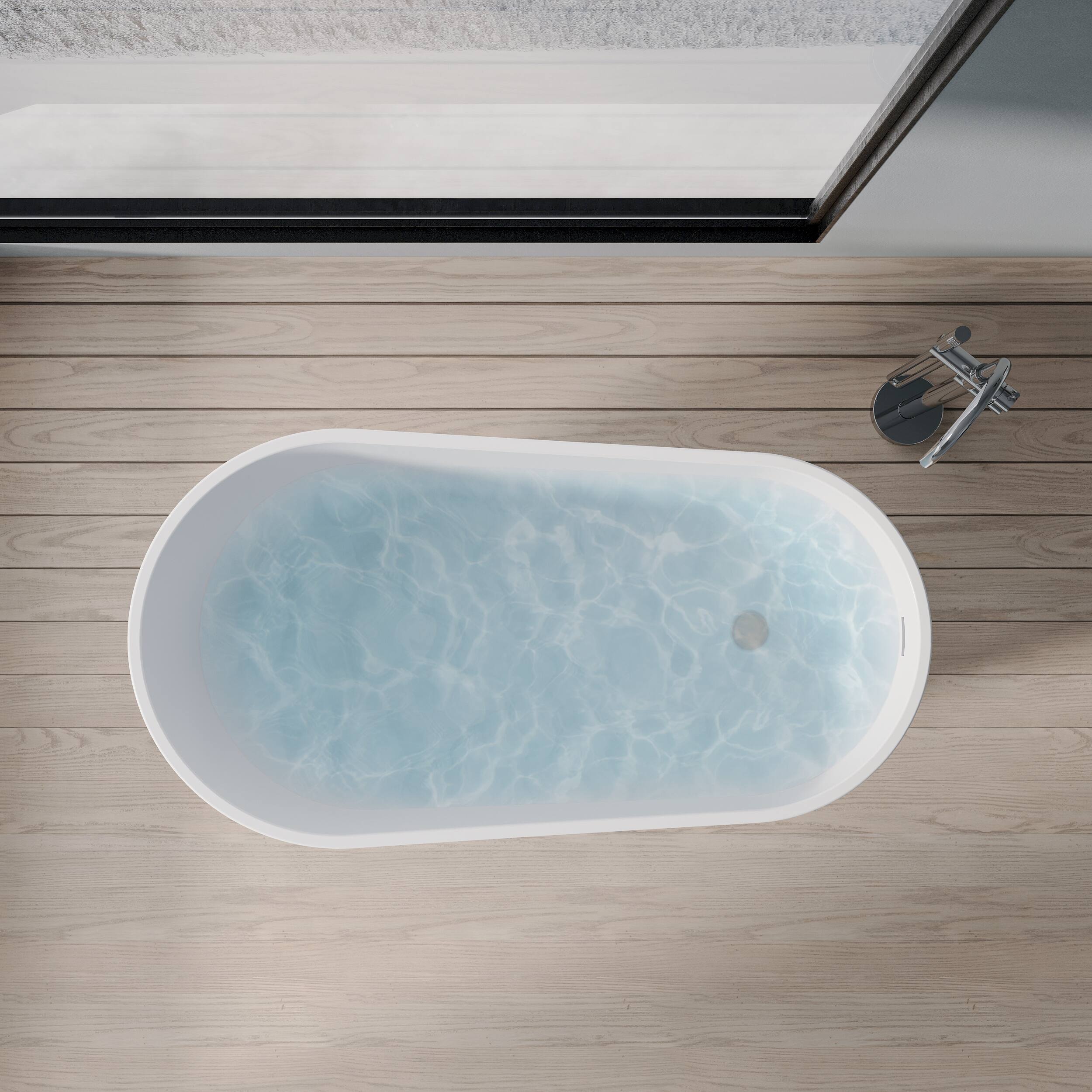 Left. WELLFOR - Comfy 59 in. x 31 in. Pure Acrylic Flatbottom Oval Freestanding Soaking Bathtub with Drain and Overflow Included - White.