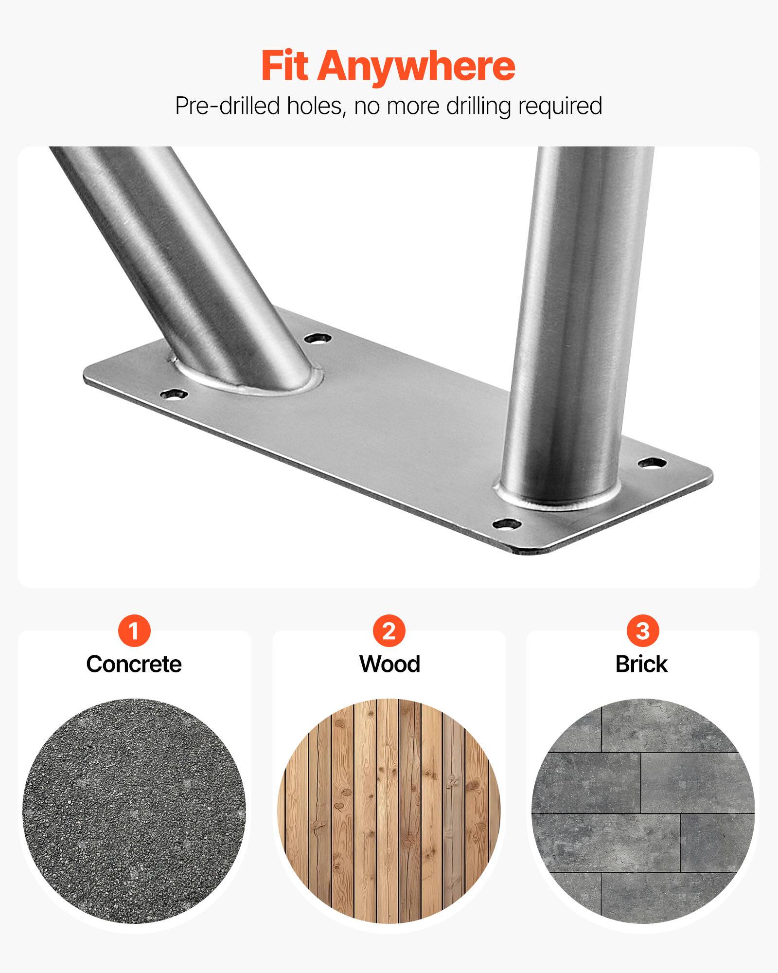 Fit Anywhere  
Pre-drilled holes, no more drilling required  

1. Concrete  
2. Wood  
3. Brick