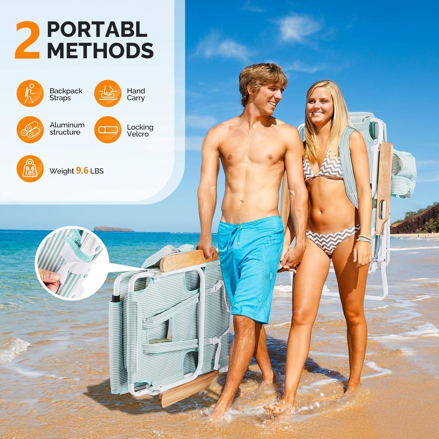 2 PORTABLE METHODS  
- Backpack Straps  
- Hand Carry  
- Aluminum Structure  
- Locking Velcro  
- Weight: 9.6 LBS