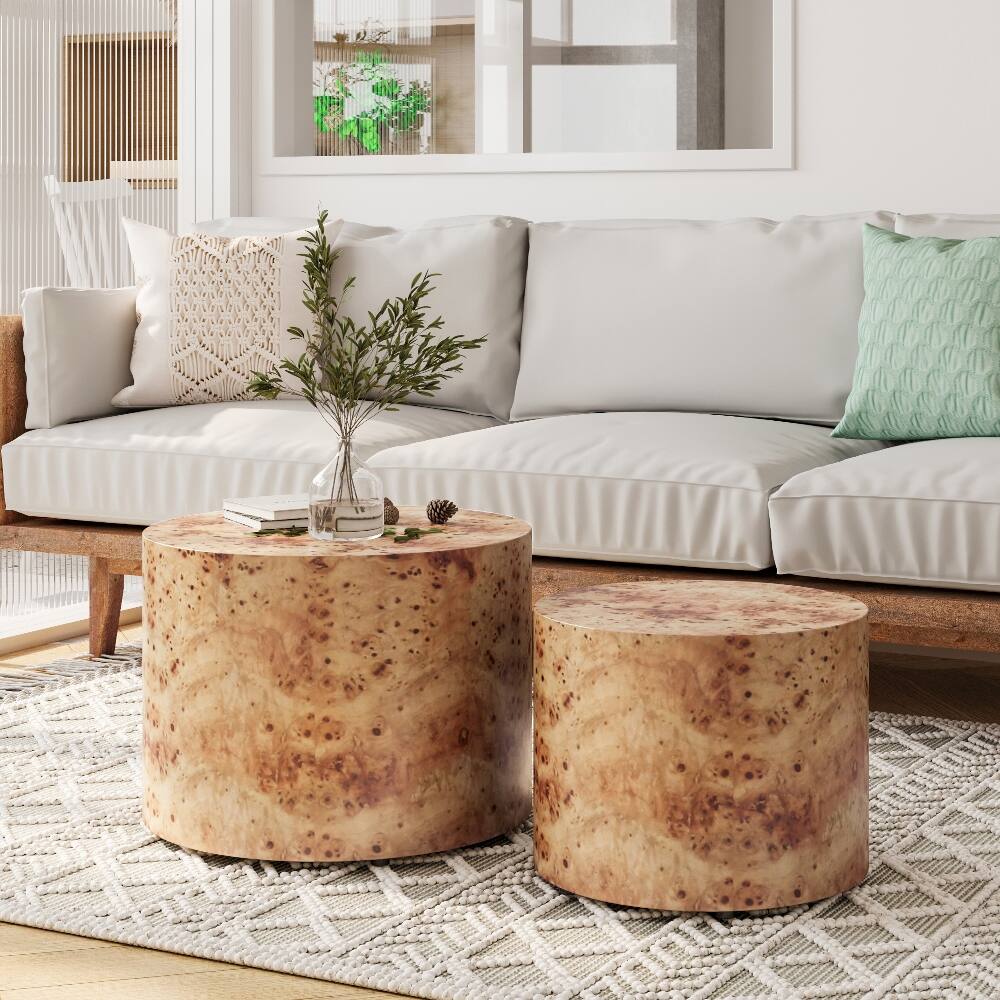 Angle. Loheer - Loheer Nesting Coffee Table Set of 2 Modern Round Natural Burl Wood Drum Side Accent Tables for Small Spaces Living Room - Natural Burl.