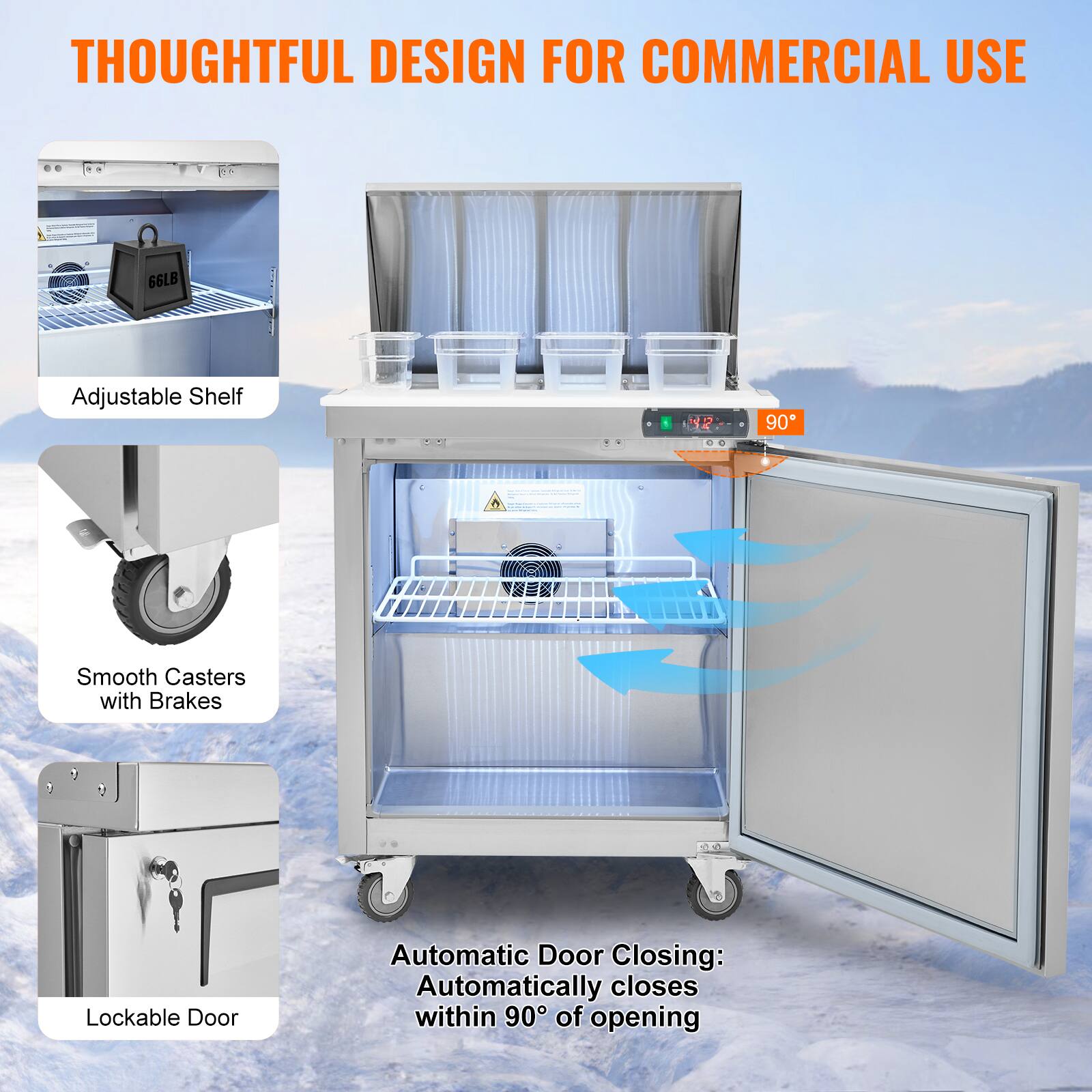 THOUGHTFUL DESIGN FOR COMMERCIAL USE

- Adjustable Shelf
- Smooth Casters with Brakes
- Lockable Door
- Automatic Door Closing: Automatically closes within 90° of opening