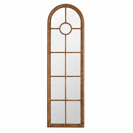 Front. RYHNUYNE - Half-Round Elongated Wall Mirror, 24x79 in, Solid Fir Wood Frame, Distressed Whitewash, Windowpane Design, Rustic Home - Brown.