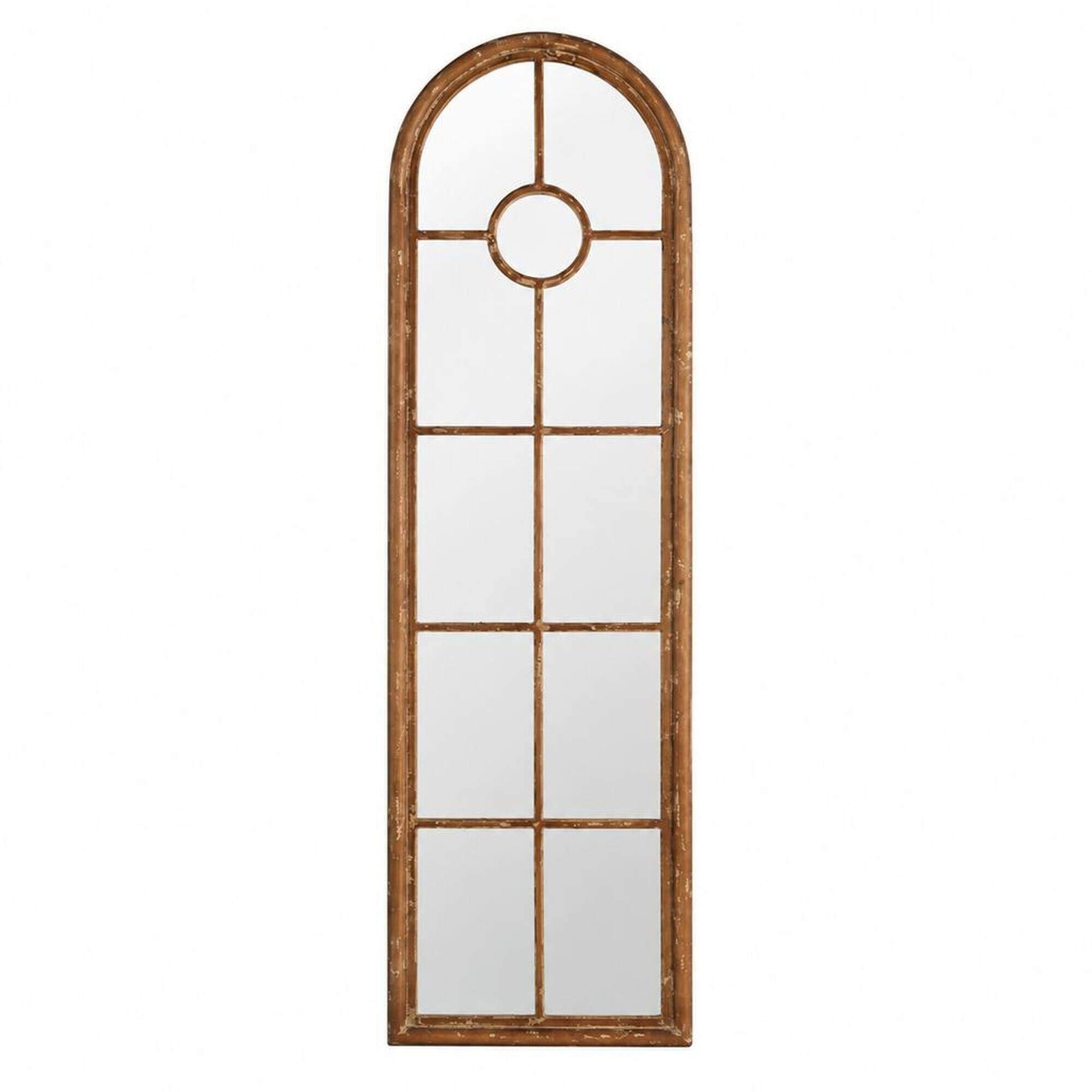 Front. RYHNUYNE - Half-Round Elongated Wall Mirror, 24x79 in, Solid Fir Wood Frame, Distressed Whitewash, Windowpane Design, Rustic Home - Brown.