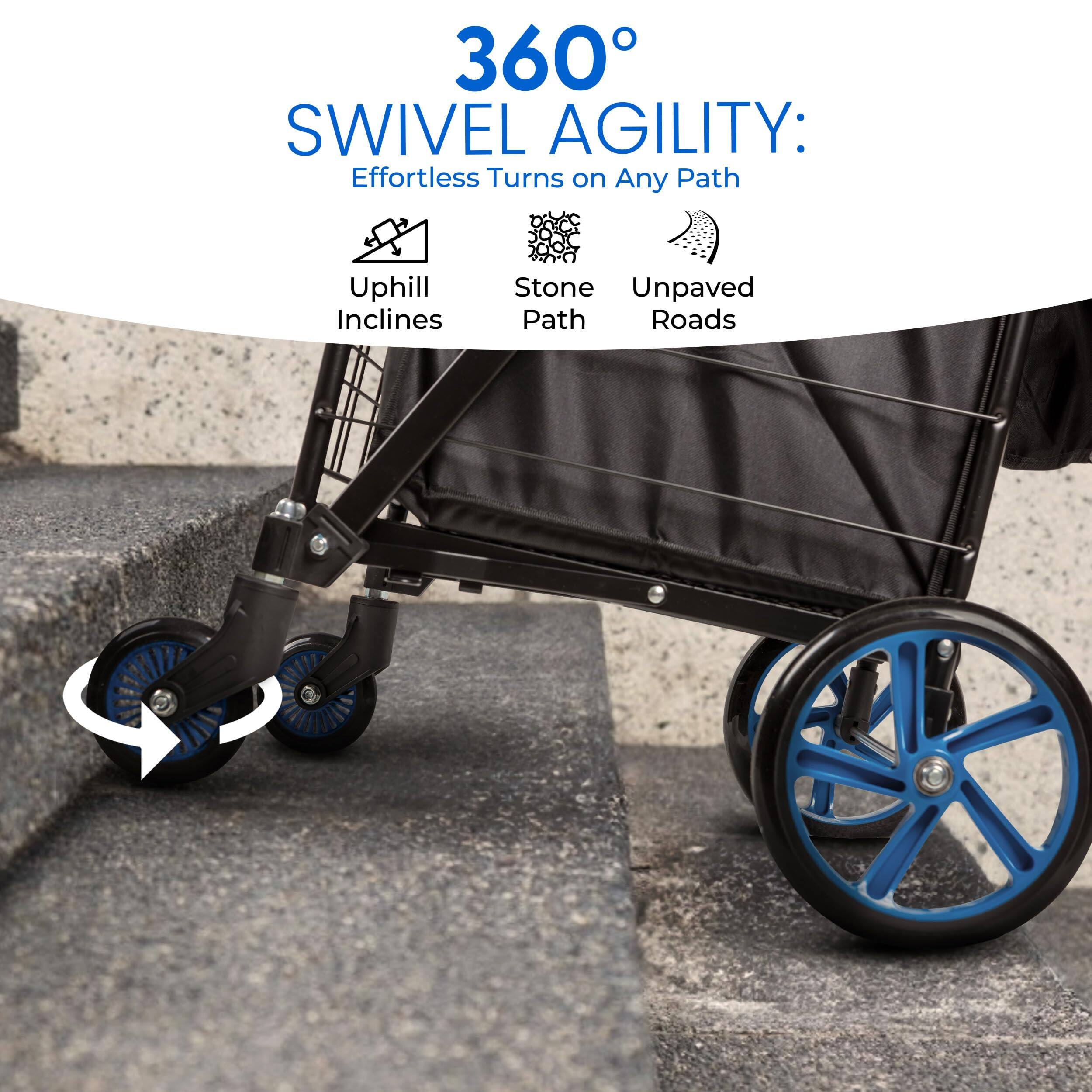 360° SWIVEL AGILITY: Effortless Turns on Any Path  
- Uphill Inclines  
- Stone Path  
- Unpaved Roads