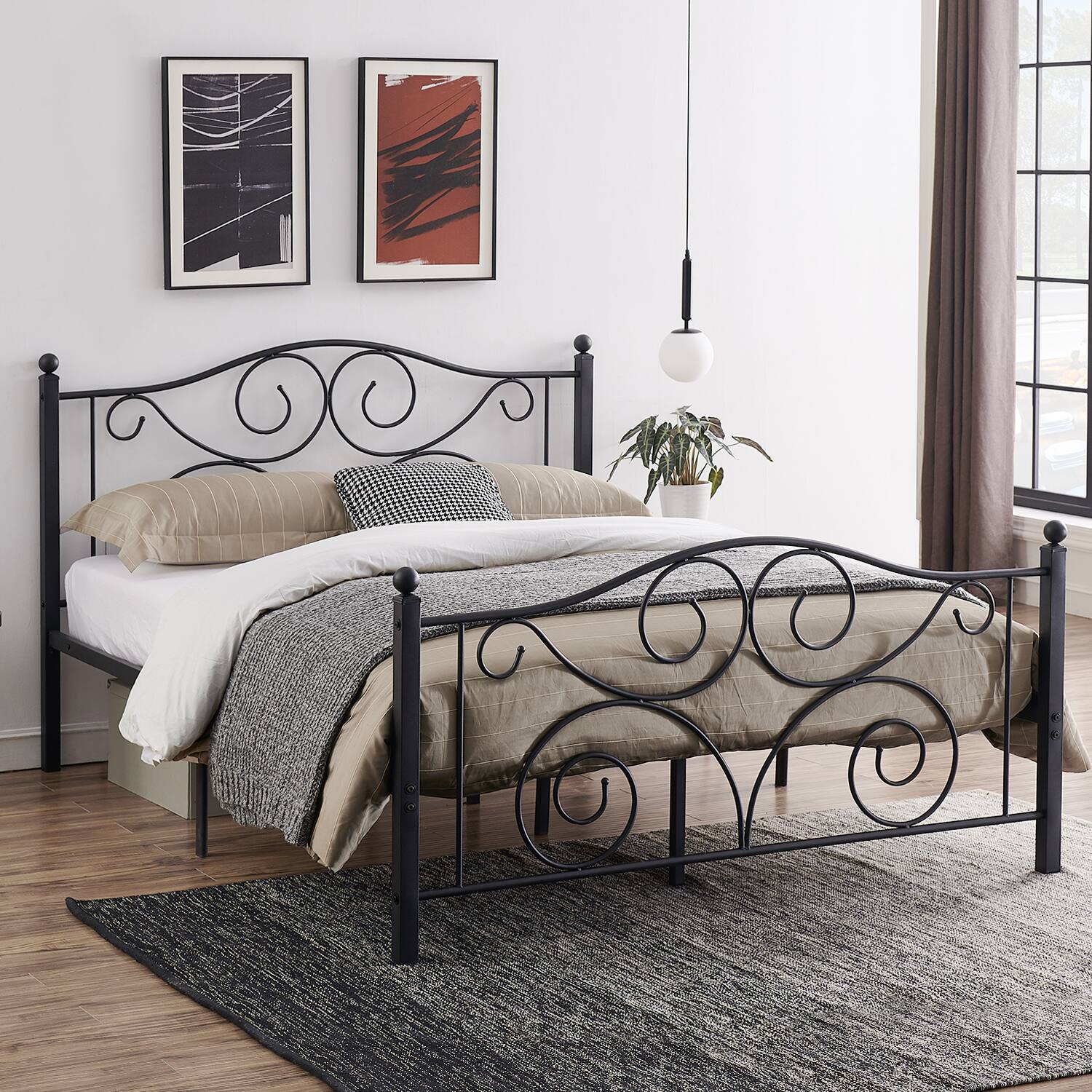 Alt View 1. Vecelo - Full Metal Bed Frame with Headboard & Footboard, Heavy Duty Steel Slats - No Box Spring, Easy Assembly, Dark Black - Black.
