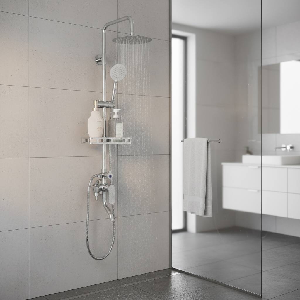 Left. Dazzed Corner - 304 Stainless Steel Wall-Mount Shower Set with 8" Rainfall Head & Handheld - Silver.