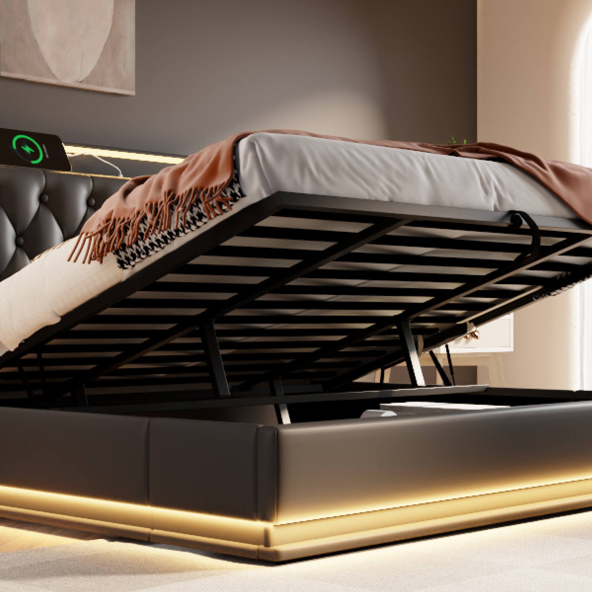 Alt View 5. GOODSILO - King Size Upholstered Bed with LED Lighting, Hydraulic Storage, and USB Charging - Black.