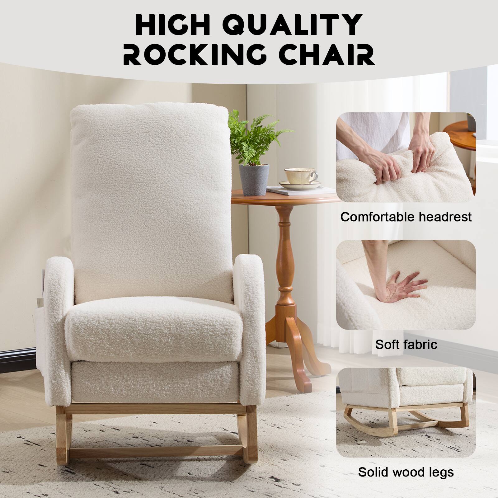 HIGH QUALITY ROCKING CHAIR

- Comfortable headrest
- Soft fabric
- Solid wood legs