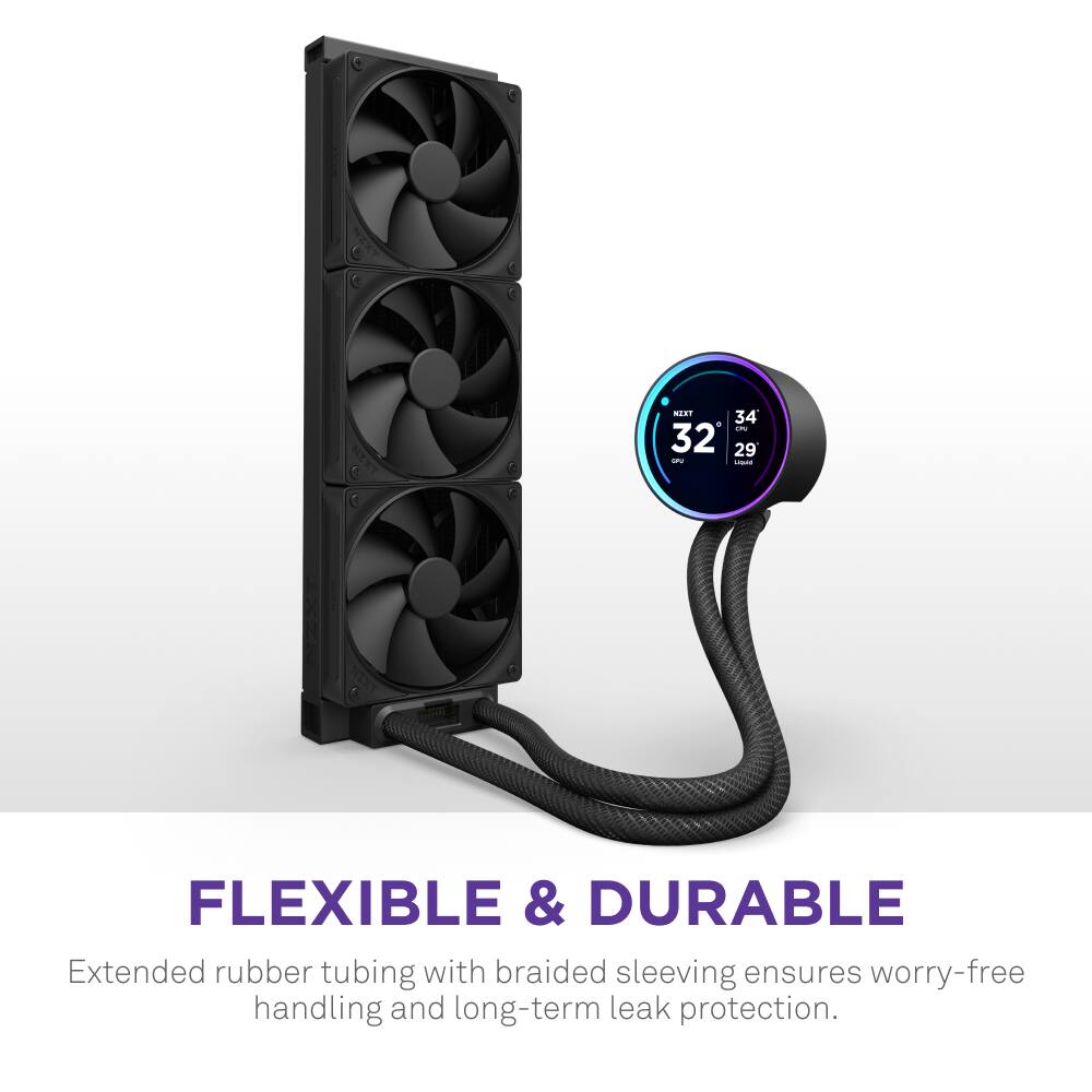 The text on the image reads: "Next NLT 34 - 32 29 - - Hext Flexible & Durable Extended rubber tubing with braided sleeving ensures worry-free handling and long-term leak protection."