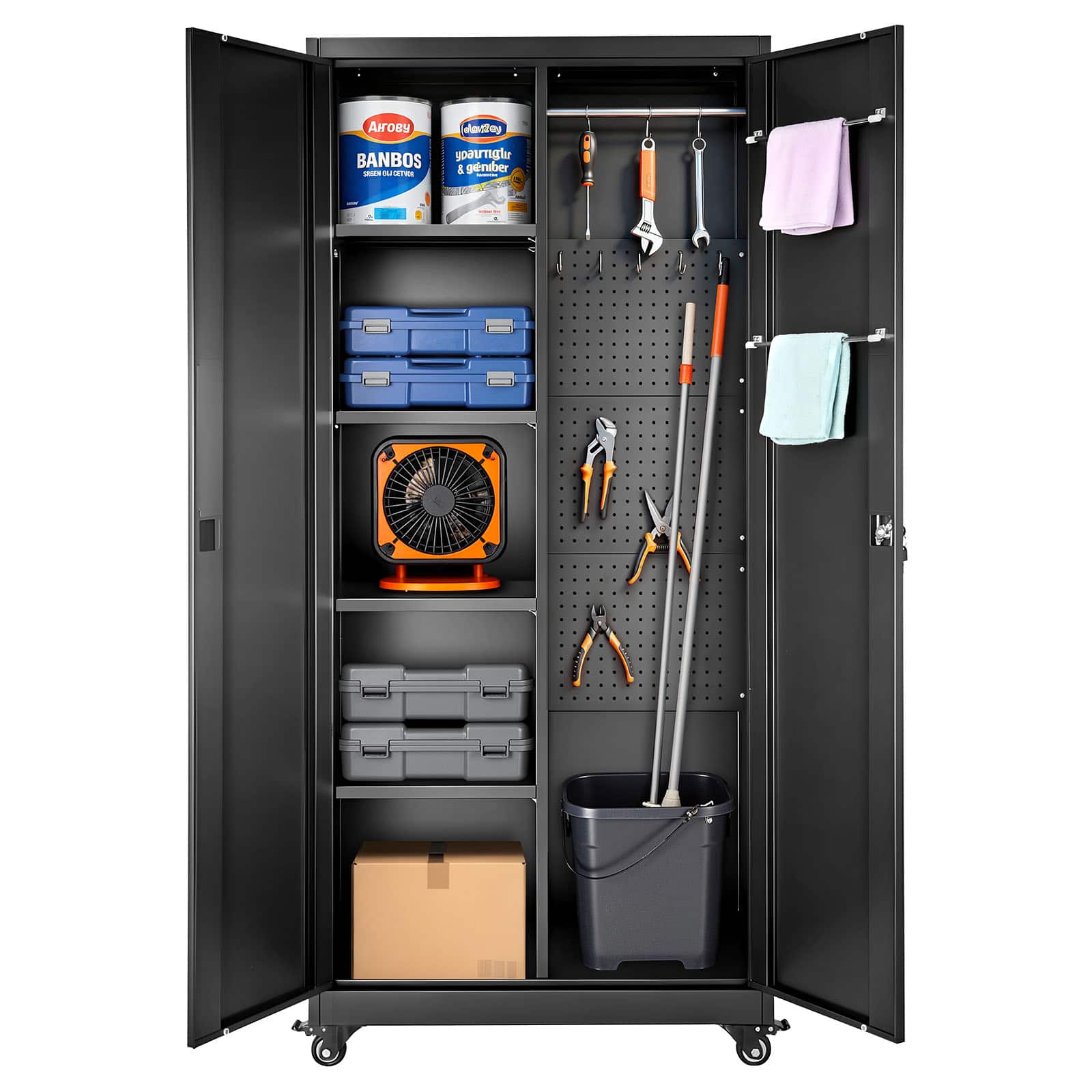 VEVOR - Metal Storage Cabinet, 70.6 in Rolling Steel Garage Cabinet with Adjustable Shelves, 2 Magnetic Doors, Hanging Rod - Black