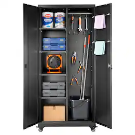 VEVOR - Metal Storage Cabinet, 70.6 in Rolling Steel Garage Cabinet with Adjustable Shelves, 2 Magnetic Doors, Hanging Rod - Black
