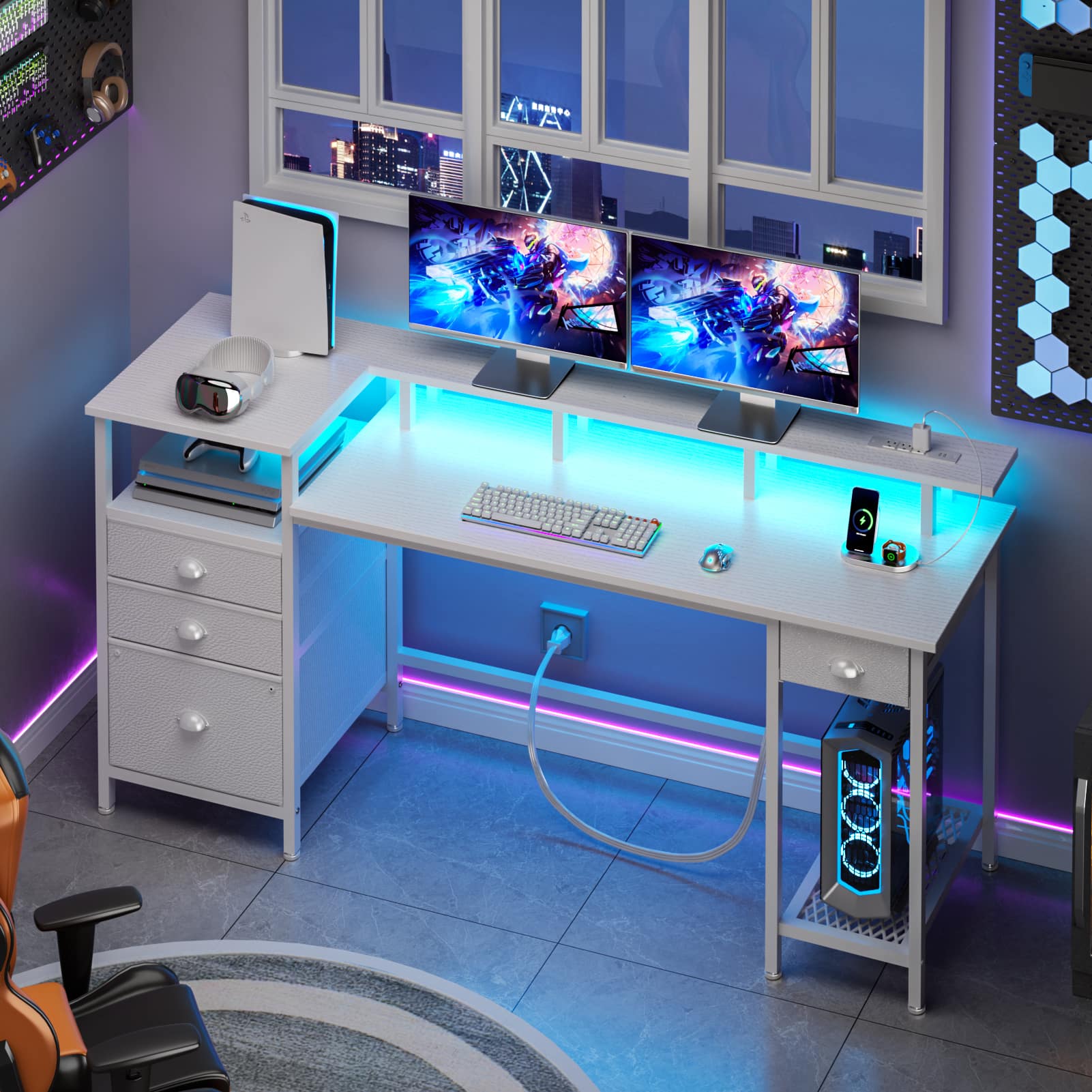 Furnulem - Gaming Desk with LED Lights Power Outlets Monitor Stand Home Office Desk with 3 Fabric Drawers 1 File Cabinet - White