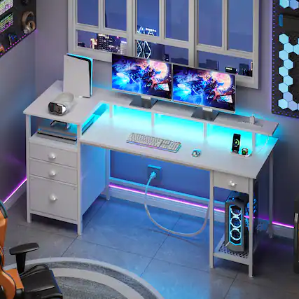 Front. Furnulem - Gaming Desk with LED Lights Power Outlets Monitor Stand Home Office Desk with 3 Fabric Drawers 1 File Cabinet - White.