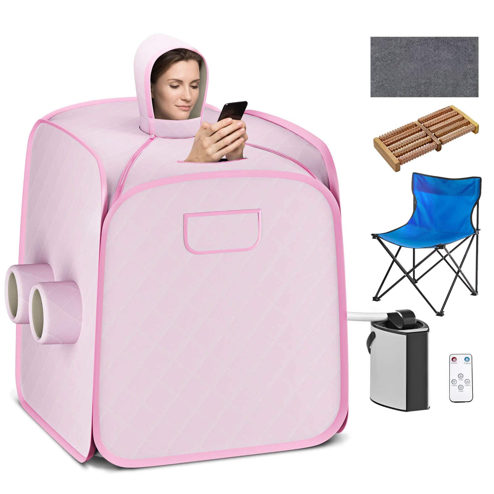 Front. Costway - 800W 2 Person Portable Steam Sauna Tent SPA w/ Hat Side Holes 3L Steamer - Pink.