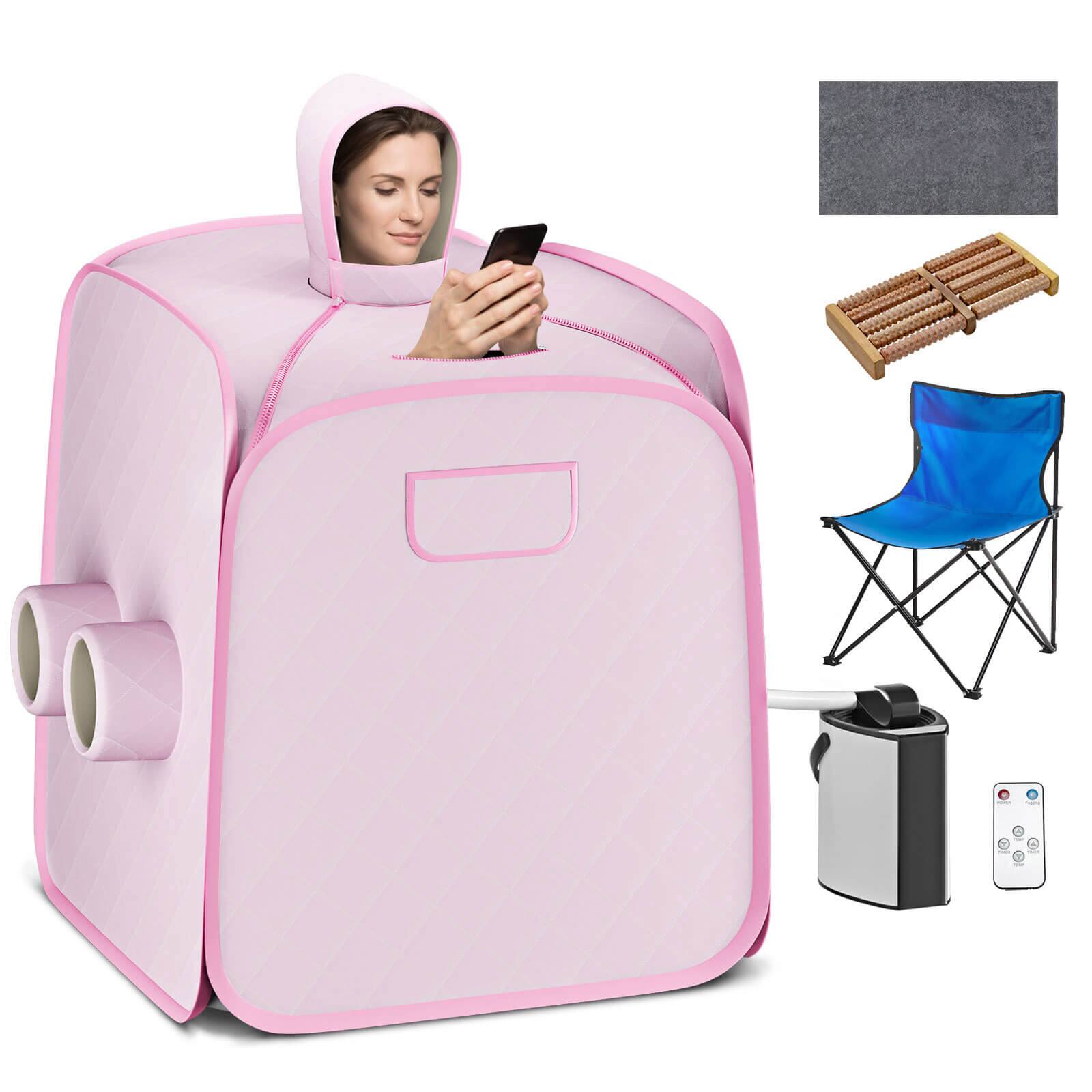 Front. Costway - 800W 2 Person Portable Steam Sauna Tent SPA w/ Hat Side Holes 3L Steamer - Pink.