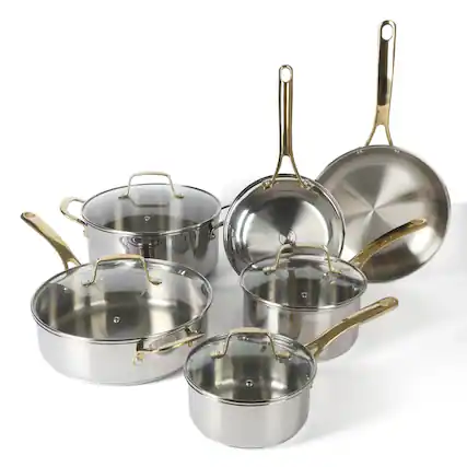 Front. DEL OLMO ASSOCIATES - 10-Piece Tri-Ply Stainless Steel Cookware Set, Induction Safe, Dishwasher - Stainless Steel Gold Handle 10-Piece Cookware Set.