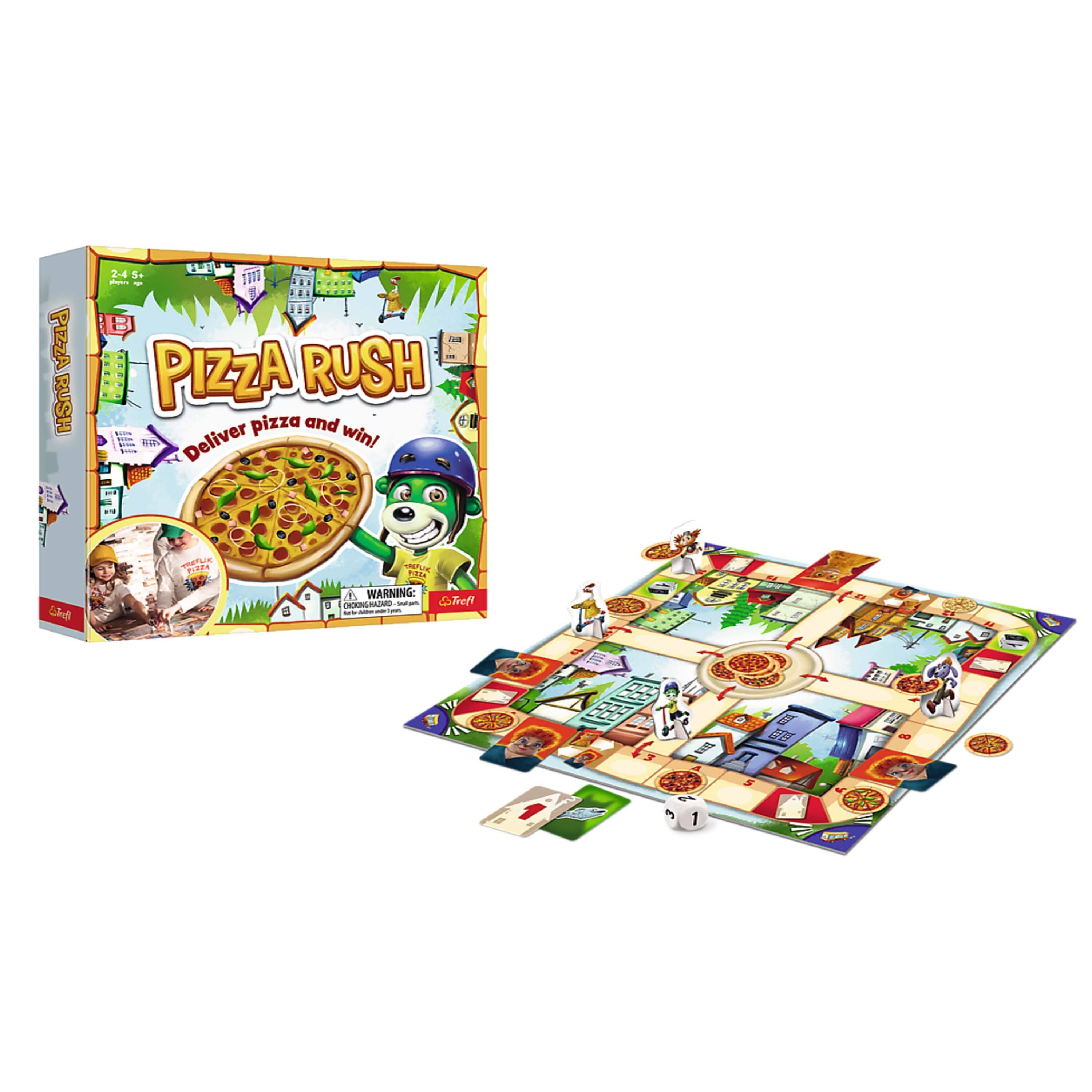 PIZZA RUSH  
Deliver pizza and win!  

2-4 players  
Ages 8+  

WARNING: CHOKING HAZARD - Small parts. Not for children under 3 years.  

PIZZA RUSH  
Deliver pizza and win!  

2-4 players  
Ages 8+  

WARNING: CHOKING HAZARD - Small parts. Not for children under 3 years.