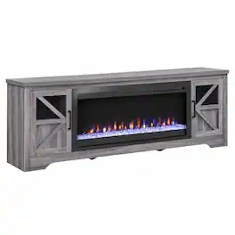RYHNUYNE - 75" Fireplace TV Stand for TVs up to 80" – Electric Fireplace Cabinet with 44" Insert & Multicolor Flame - Gray Wash