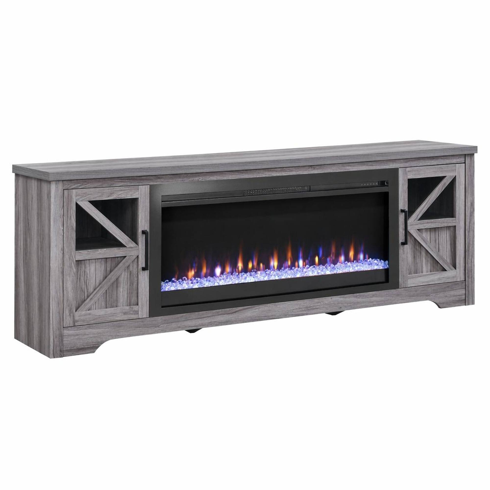 Front. RYHNUYNE - 75" Fireplace TV Stand for TVs up to 80" – Electric Fireplace Cabinet with 44" Insert & Multicolor Flame - Gray Wash.