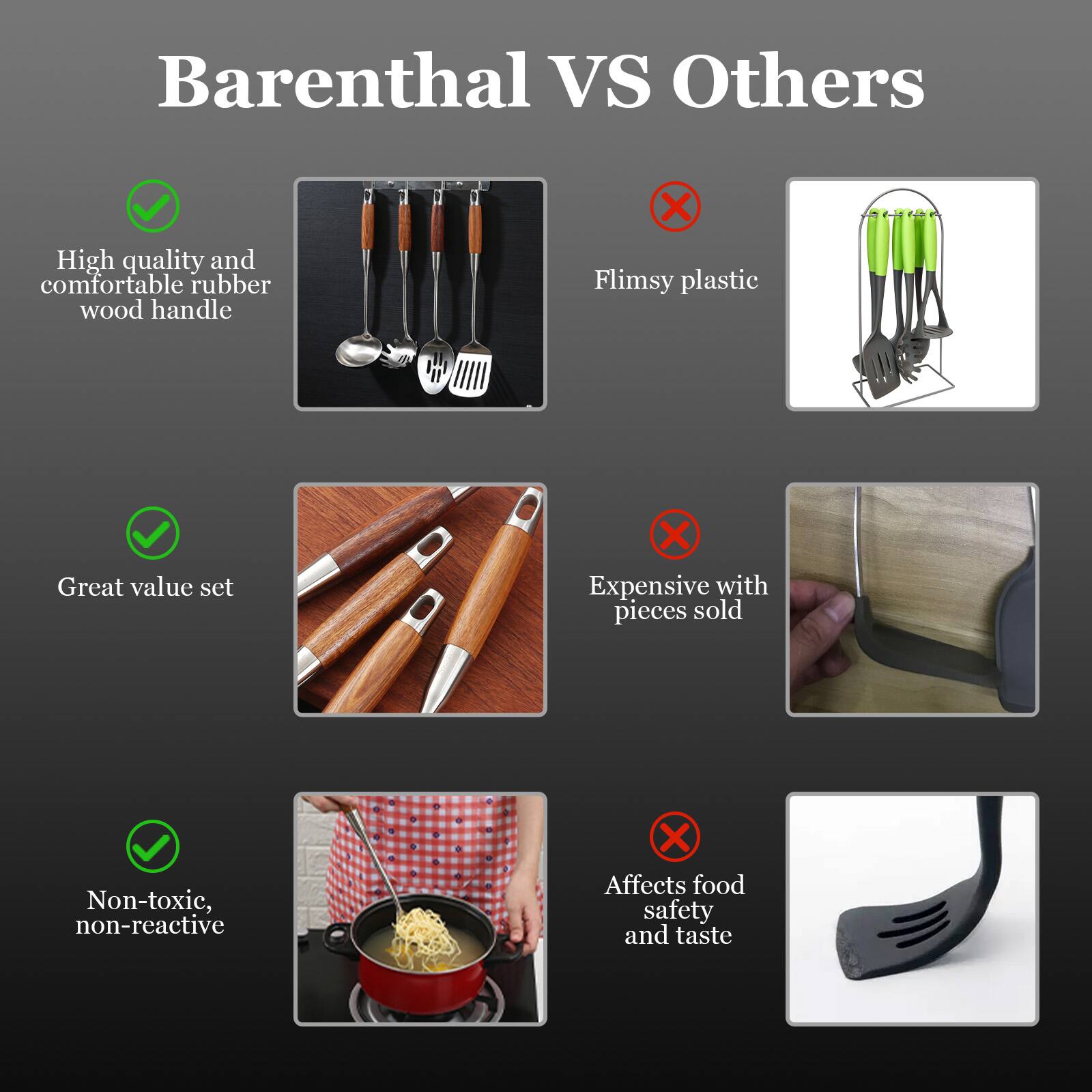 Barenthal VS Others

- High quality and comfortable rubber wood handle
- Great value set
- Non-toxic, non-reactive

Flimsy plastic
Expensive with pieces sold
Affects food safety and taste