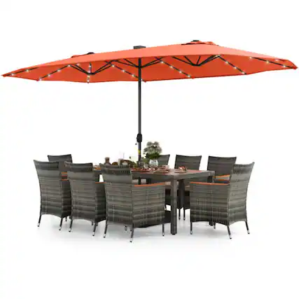 Front. Mondawe - 11 Pieces Patio Dining Set with 15 Feet Double-Sided Patio Umbrella Base Included - Orange.
