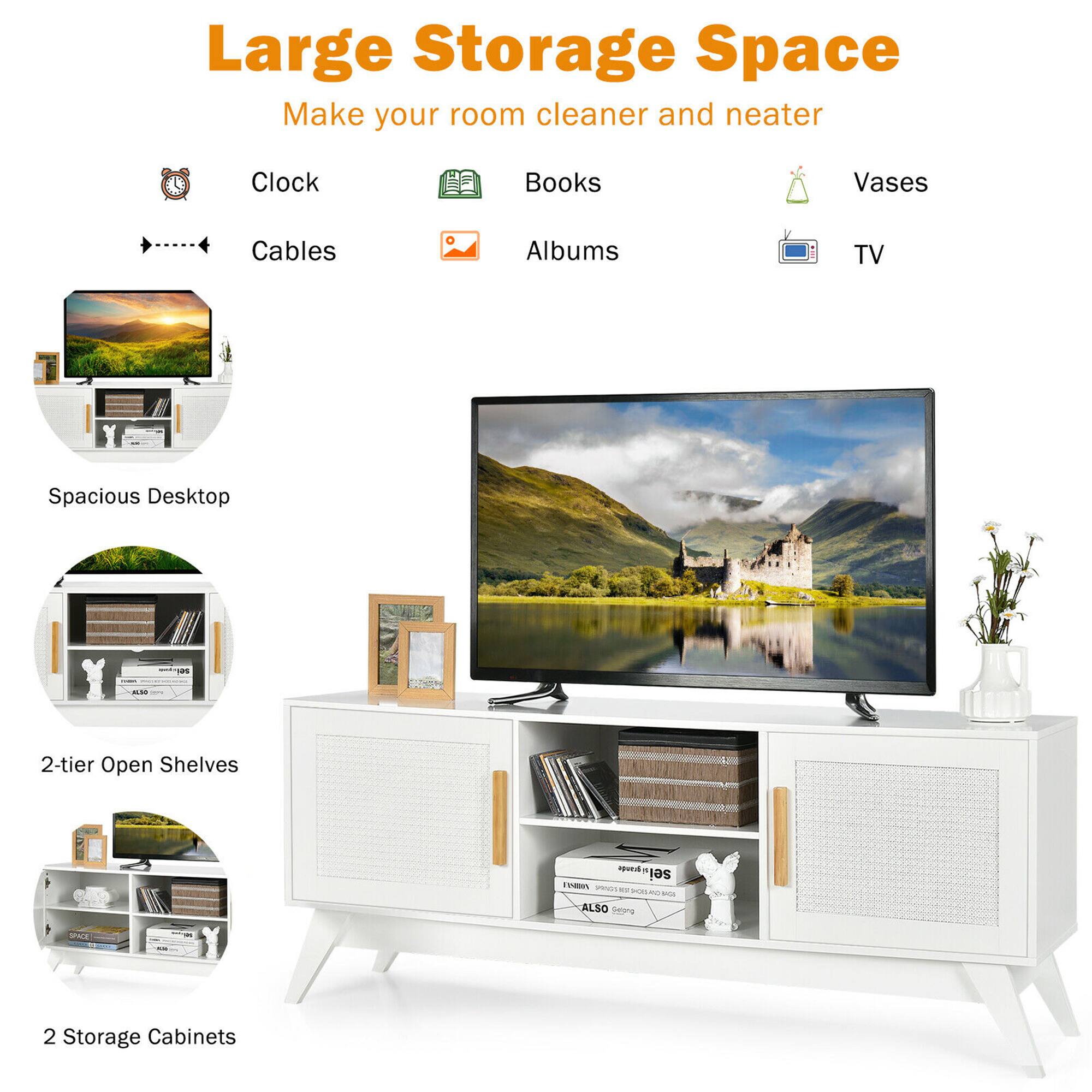 Large Storage Space Make your room cleaner and neater Clock Books Vases Cables Albums TV Spacious Desktop - 2-tier Open Shelves and 2 Storage Cabinets