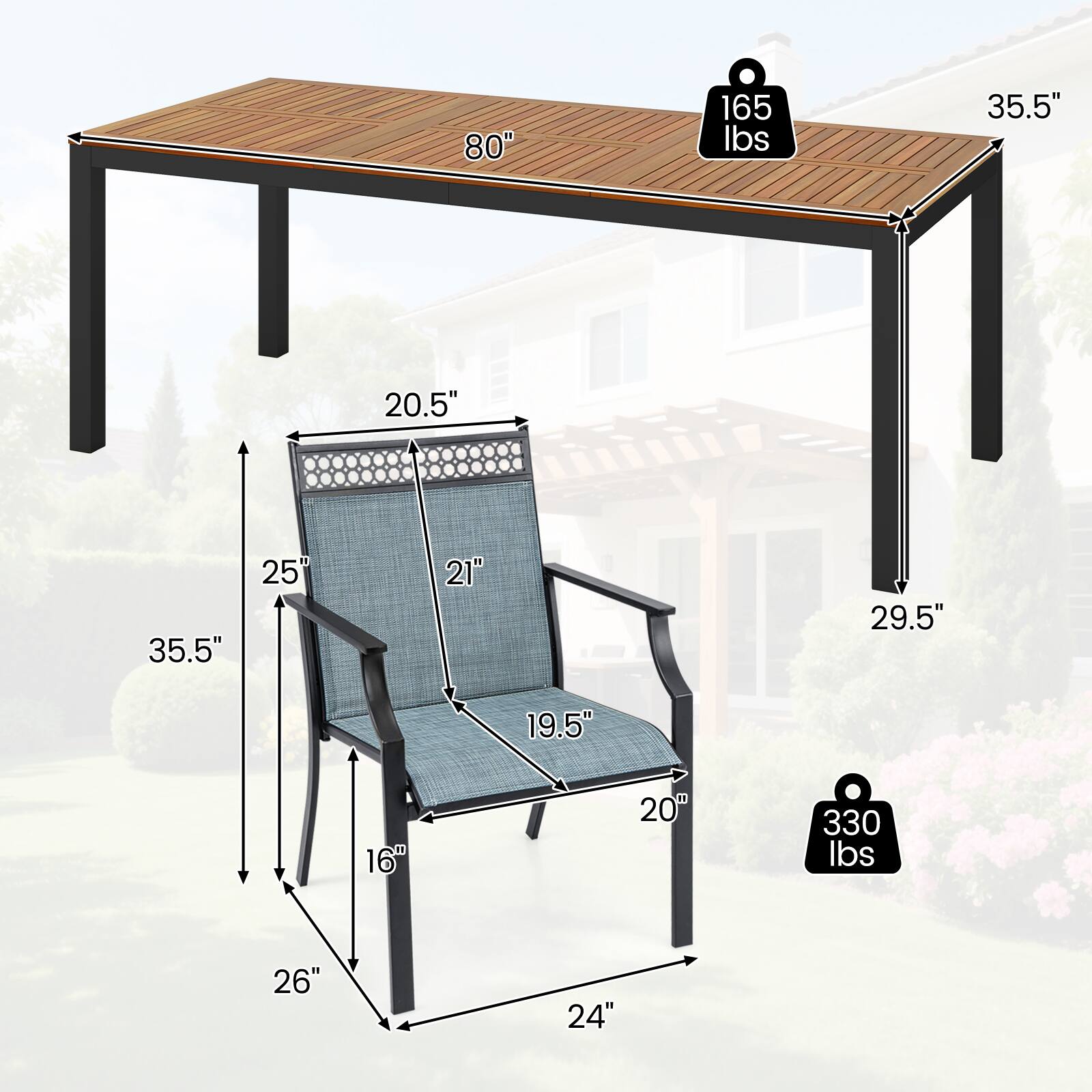 80" 165 lbs 35.5" 20.5" 35.5" 25" 21" 29.5" 19.5" 16" 20" 330 lbs 26" 24"
