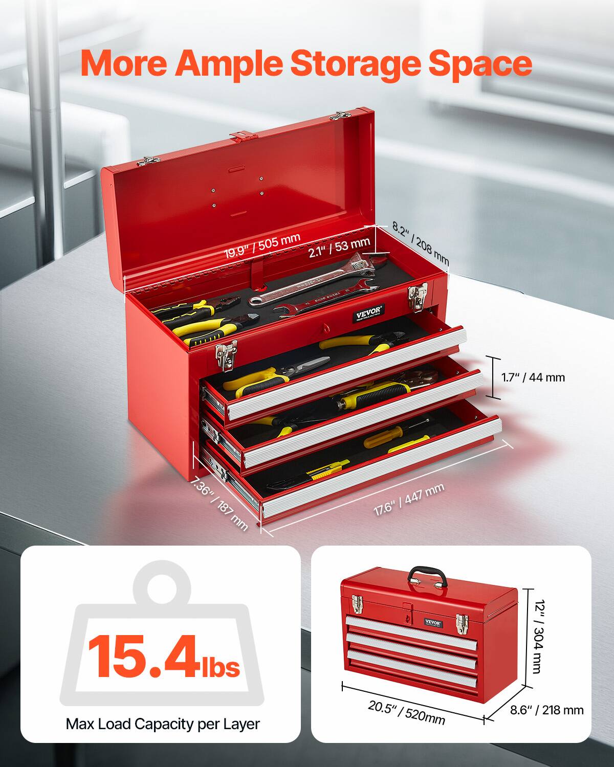 More Ample Storage Space

- Width: 19.9" / 505 mm
- Height: 8.2" / 208 mm
- Depth: 2.1" / 53 mm
- Drawer Height: 1.7" / 44 mm
- Total Height: 17.6" / 447 mm

Max Load Capacity per Layer: 15.4 lbs

- Overall Width: 20.5" / 520 mm
- Overall Height: 12" / 304 mm
- Overall Depth: 8.6" / 218 mm