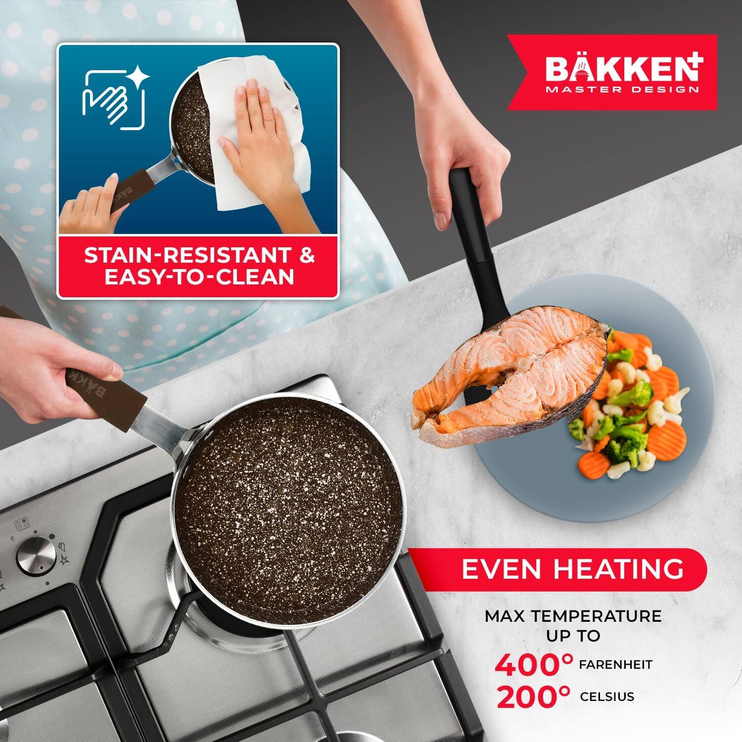 BKKEN MASTER DESIGN xY STAIN-RESISTANT & EASY-TO-CLEAN BAKK St . 1 I x  EVEN HEATING MAX TEMPERATURE UP TO 400° FARENHEIT 200° CELSIUS