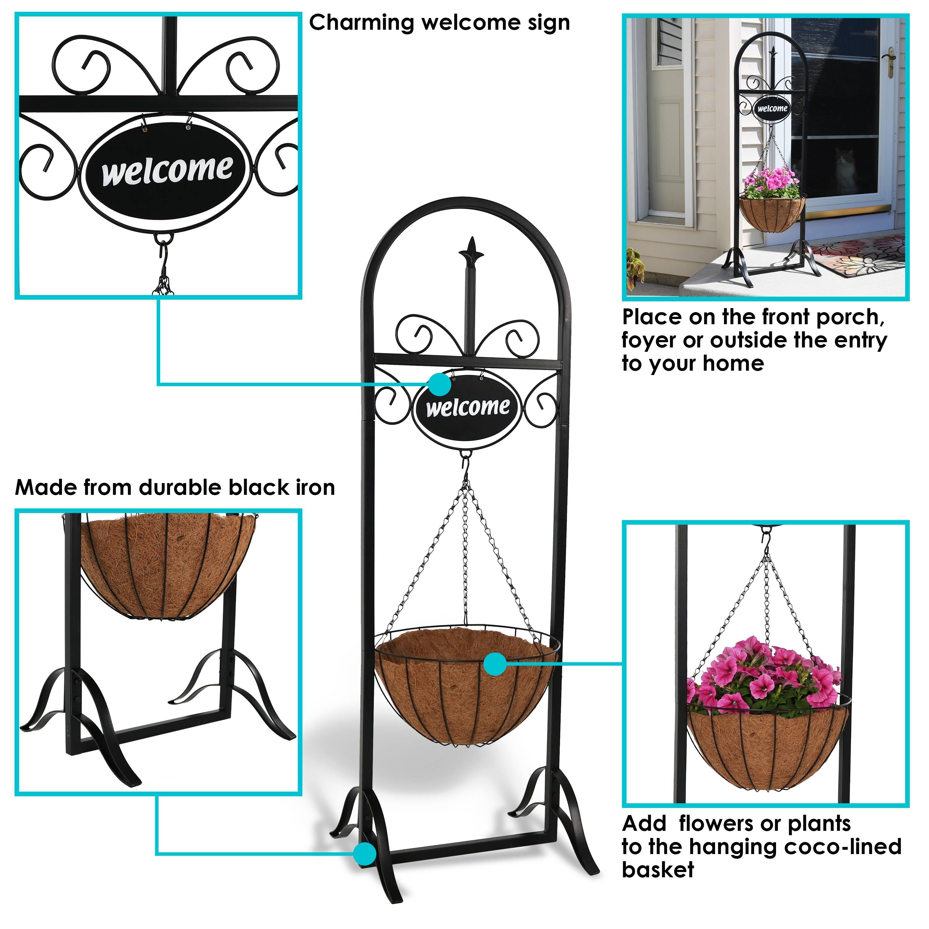 Charming welcome sign

- Made from durable black iron
- Place on the front porch, foyer, or outside the entry to your home
- Add flowers or plants to the hanging coco-lined basket