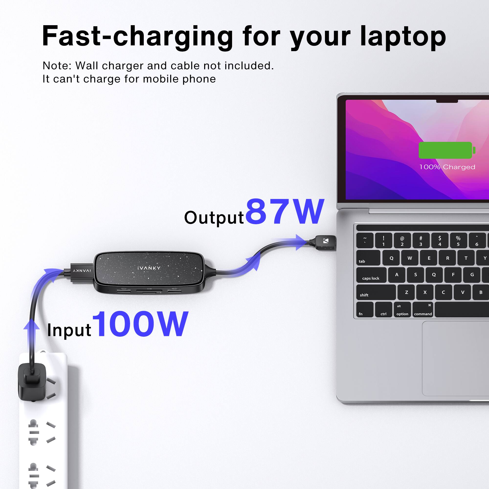 Fast-charging for your laptop

Note: Wall charger and cable not included. It can't charge for mobile phone

100% Charged

Output 87W

Input 100W