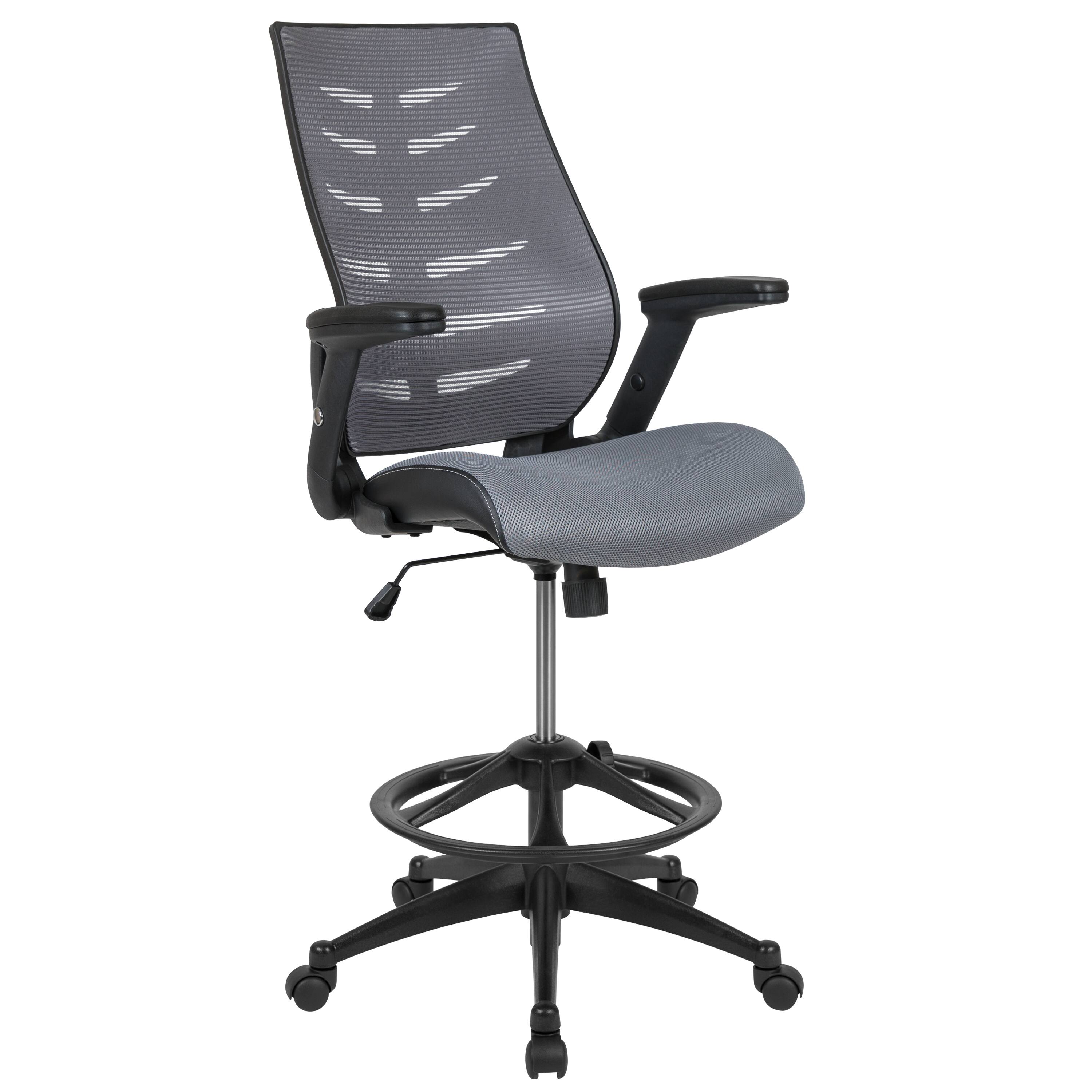 Emma + Oliver - High Back Mesh Ergonomic Drafting Chair with Adjustable Flip-Up Arms - Dark Gray