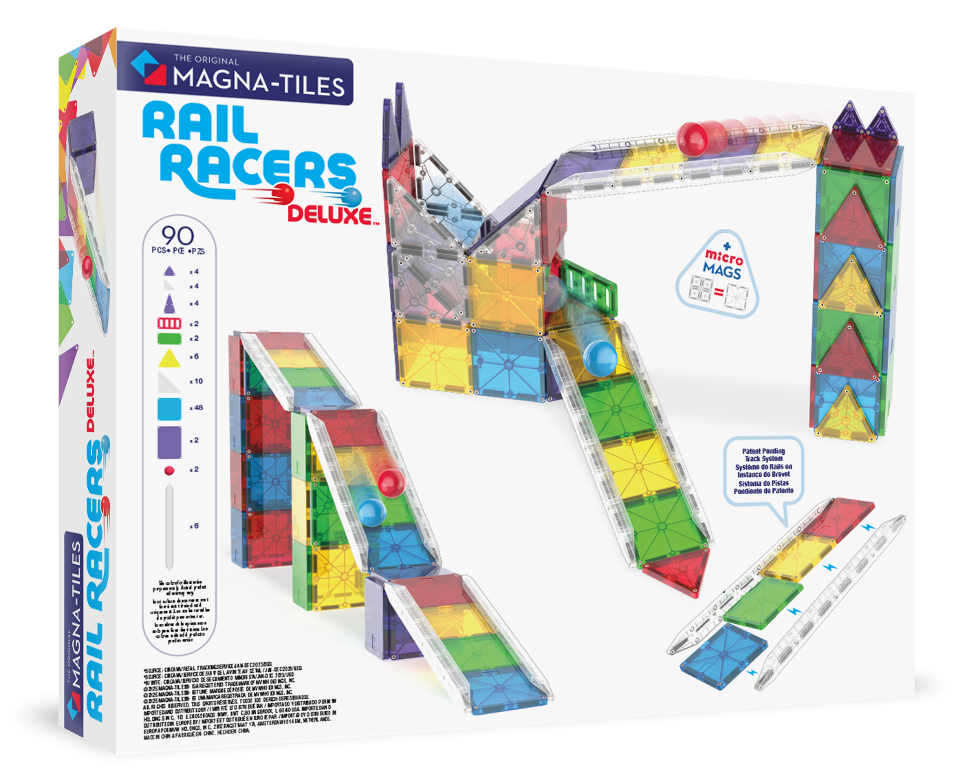 THE ORIGINAL MAGNA-TILES RAIL RACERS DELUXE  
90 PCS - C + 2 .4 .4 micro MAGS 4 DELUXE  
MAGNA-TILES RAIL RACERS DELUXE  
micro MAGS  
Pistal Poodling System  
Système de Pistes Pondérées  
Sistema de Pistas Ponderadas  
Sistema de Pistas Ponderadas  
Sistema de Pistas Ponderadas
