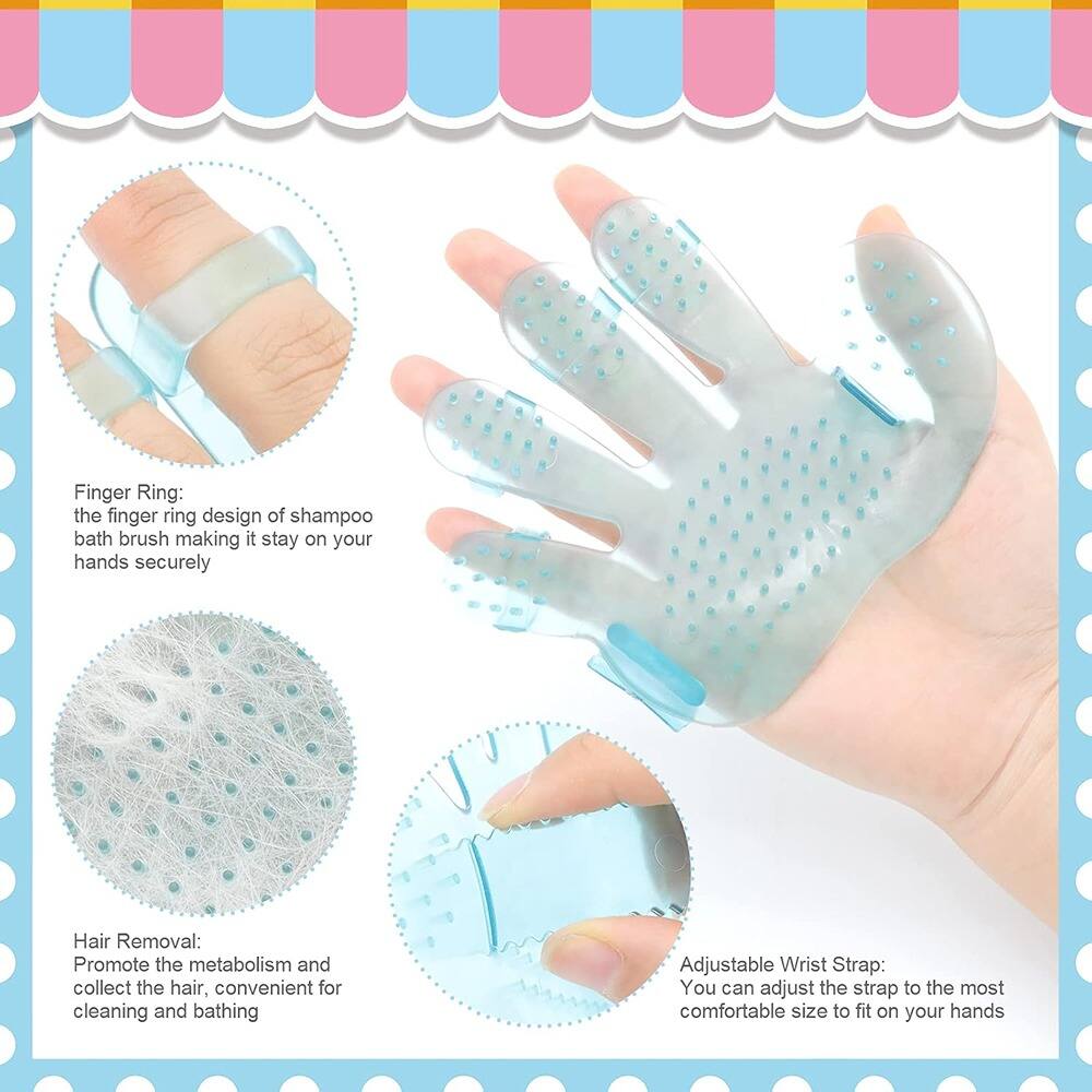 Finger Ring:  
The finger ring design of shampoo bath brush making it stay on your hands securely

Hair Removal:  
Promote the metabolism and collect the hair, convenient for cleaning and bathing

Adjustable Wrist Strap:  
You can adjust the strap to the most comfortable size to fit on your hands