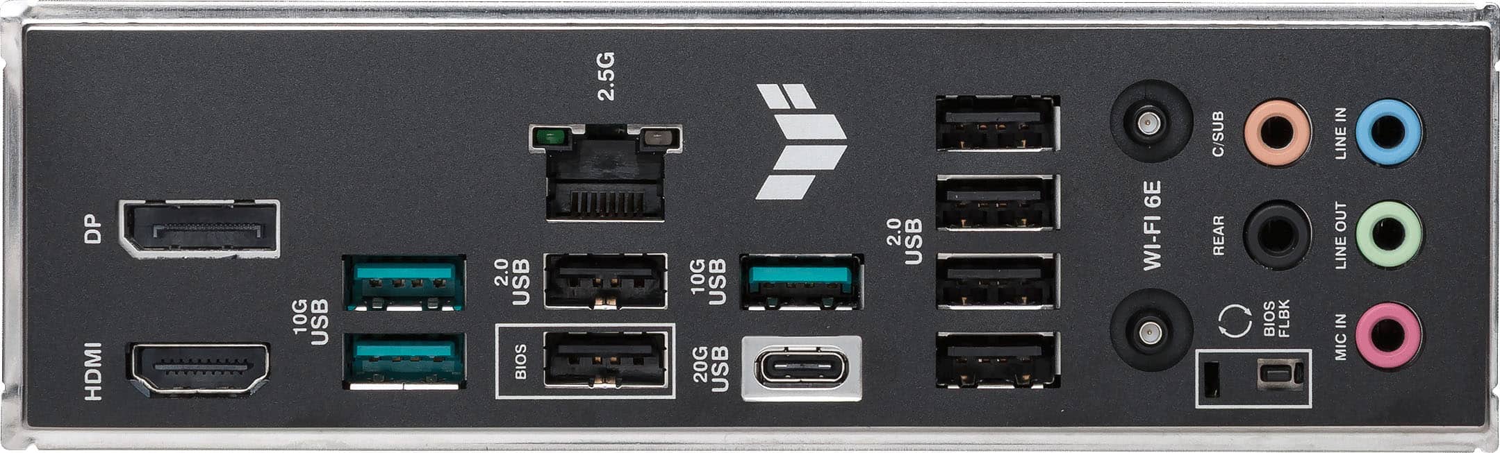 DP, HDMI, 10G USB 2.0, USB 2.0, USB 2.0, 2.5G, 10G USB 2.0, 20G USB 2.0, USB 2.0, 6E WI-FI, C/SUB REAR, C/SUB REAR, BIOS, FLBK IN, LINE OUT, LINE IN, MIC