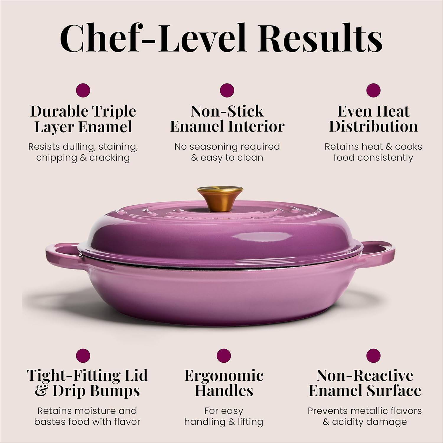 Chef-Level Results

- Durable Triple Layer Enamel
  - Resists dulling, staining, chipping & cracking

- Non-Stick Enamel Interior
  - No seasoning required & easy to clean

- Even Heat Distribution
  - Retains heat & cooks food consistently

- Tight-Fitting Lid & Drip Bumps
  - Retains moisture and bastes food with flavor

- Ergonomic Handles
  - For easy handling & lifting

- Non-Reactive Enamel Surface
  - Prevents metallic flavors & acidity damage