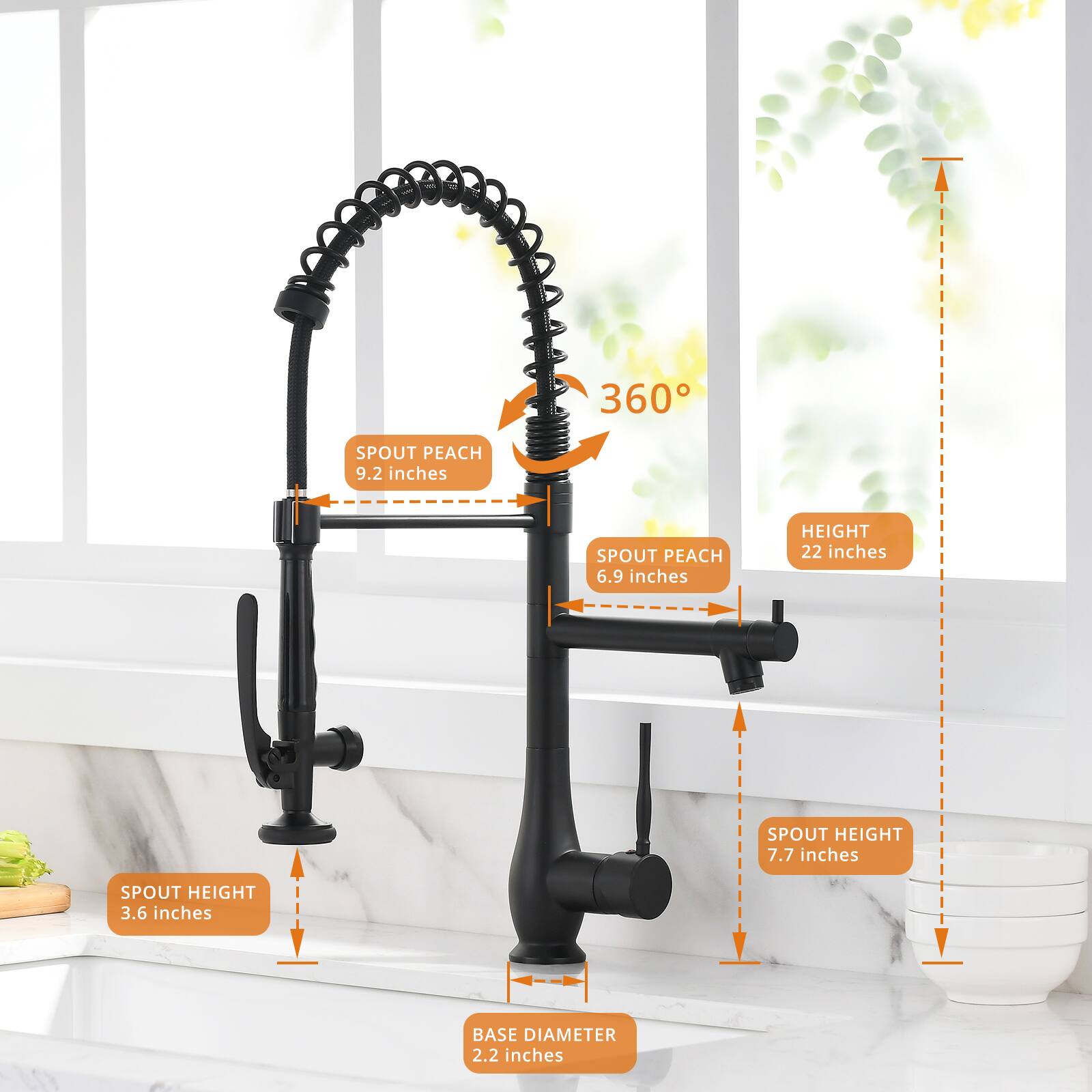 - 360°
- SPOUT PEACH 9.2 inches
- SPOUT PEACH 6.9 inches
- HEIGHT 22 inches
- SPOUT HEIGHT 7.7 inches
- SPOUT HEIGHT 3.6 inches
- BASE DIAMETER 2.2 inches