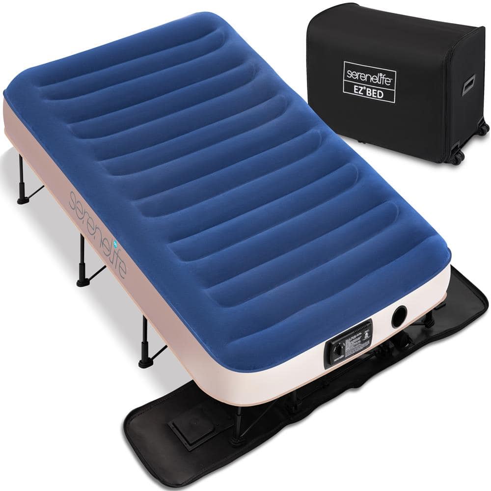 SereneLife - EZ Bed Air Mattress with Frame and Rolling Case, Self-Inflating Airbed with Built in Pump for Travel and Host - Blue/ White