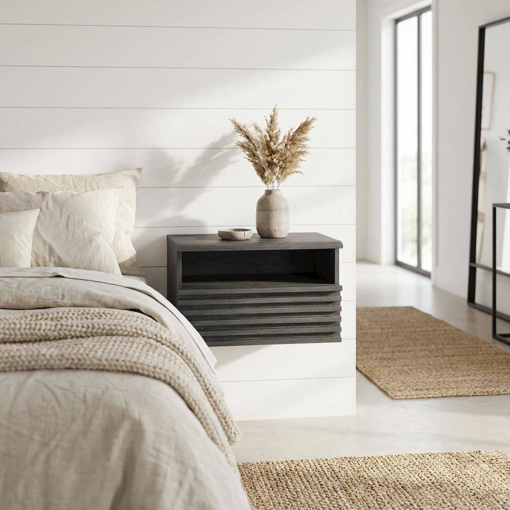 Left. FurniFact - Wooden Wall-Mount Nightstand in Gray Finish with Contemporary Design - Gray.