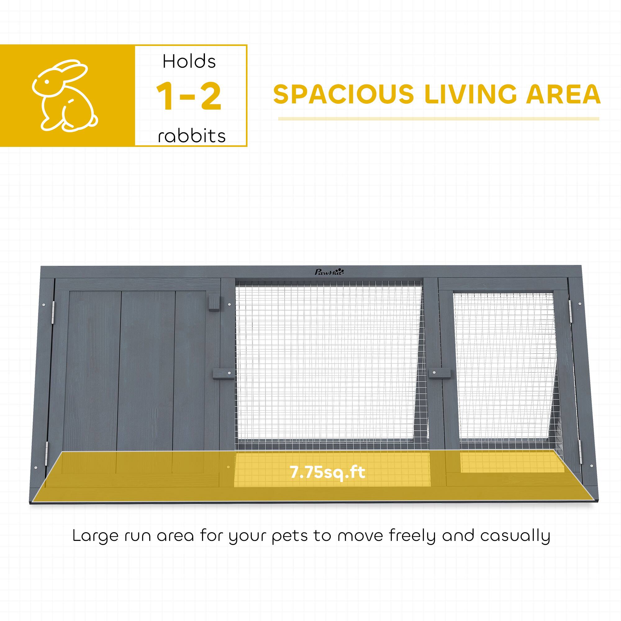 Holds 1-2 rabbits

SPACIOUS LIVING AREA

7.75sq.ft

Large run area for your pets to move freely and casually