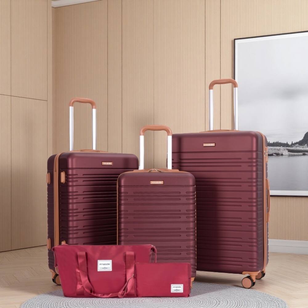 Angle. BreeBe - 5-Piece Set Hard Case Spinner Wheels ABS Luggage with TSA Lock and Travel Accessories - Wine Red.