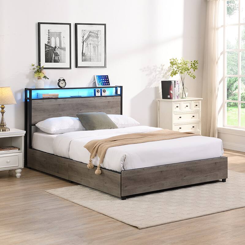Alt View 4. Spaco - Spaco Queen Bed Frame, Storage Headboard with Charging Station, Solid Stable, Noise Free, No Box Spring, Easy Assembly - Antique Gray.