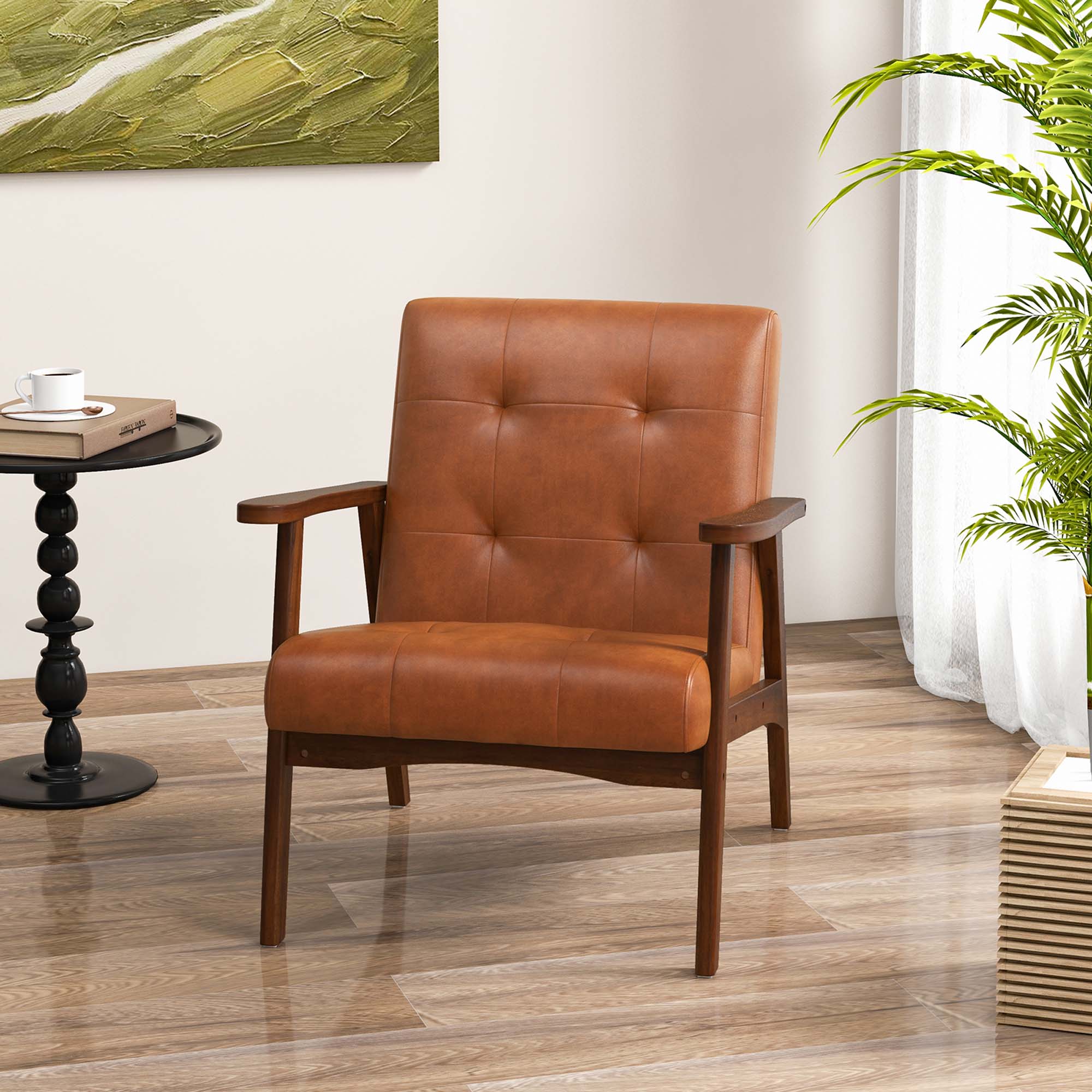 Alt View 1. Costway - Costway Mid Century Accent Chair Tufted Reading Armchair Solid Rubber Wood - Light Brown.